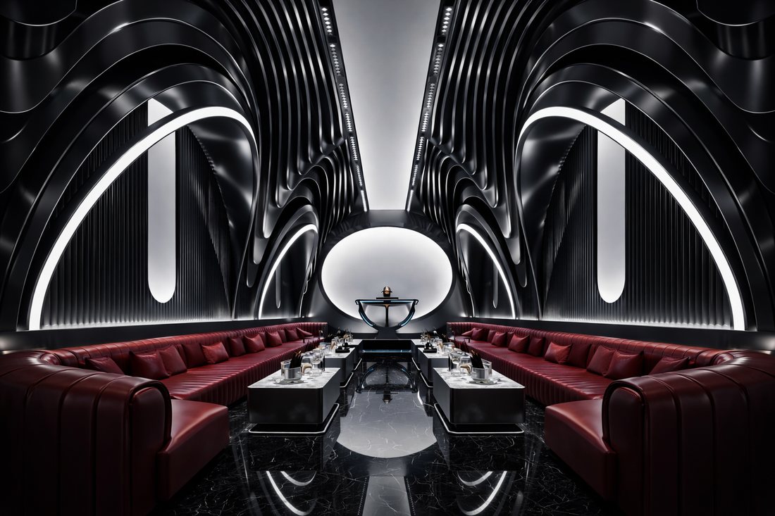 Thiết kế karaoke KTV VIP phong cách Luxury Futuristic với vòm kiến trúc uốn cong và sofa da đỏ cao cấp 2026 