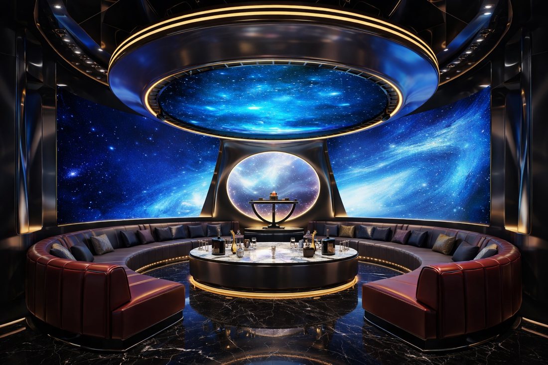 Thiết kế karaoke KTV VIP phong cách Galaxy với trần vòm LED và sofa vòng cung cao cấp 2026 