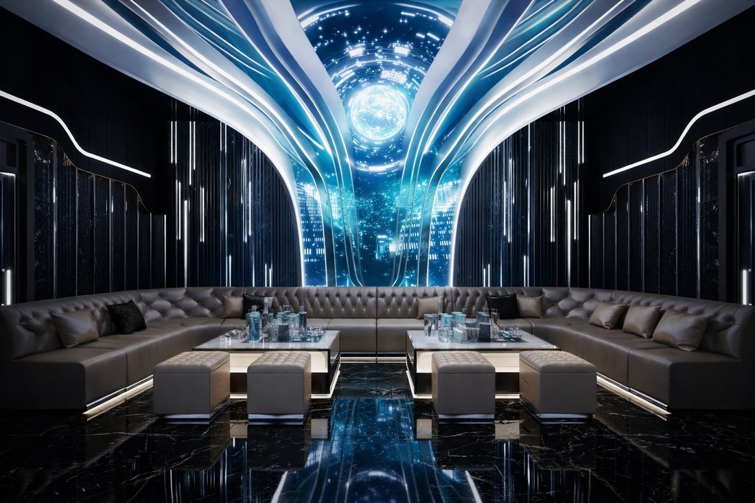 Mẫu thiết kế phòng karaoke VIP lấy cảm hứng công nghệ hiện đại, kết hợp trần ánh sáng đa tầng và màn hình LED nghệ thuật. Ghế sofa bọc da cao cấp bố trí khoa học giúp tối ưu diện tích và công năng. Giải pháp thi công đồng bộ âm thanh – ánh sáng – nội thất, nâng tầm đẳng cấp không gian giải trí chuyên nghiệp.