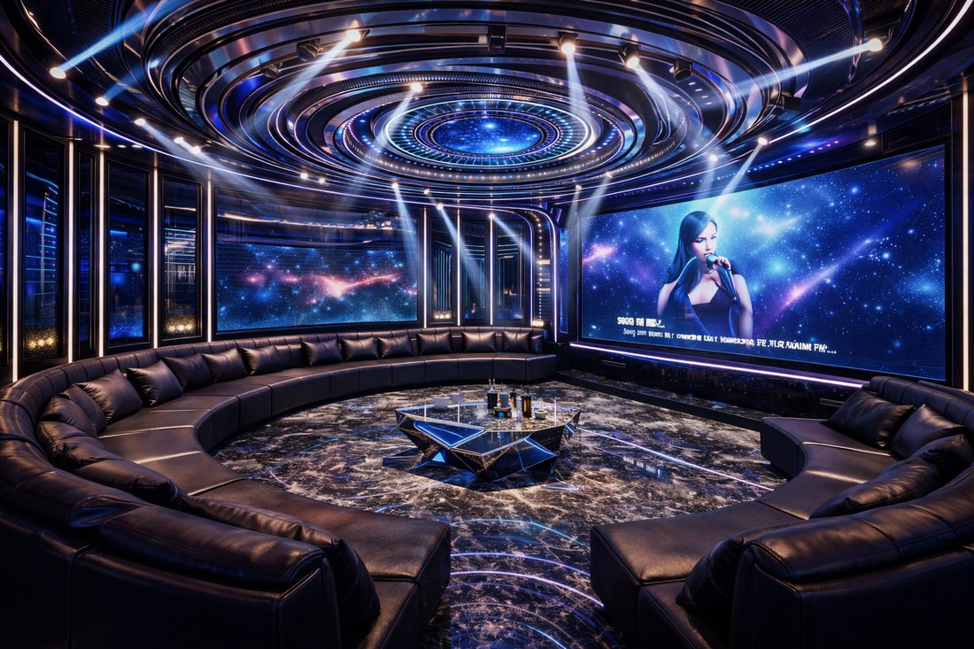 Không gian trong hình thể hiện một phòng karaoke KTV Galaxy VIP mang phong cách Futuristic – Space Luxury, nổi bật với thiết kế trần LED đa tầng mô phỏng dải ngân hà chuyển động.