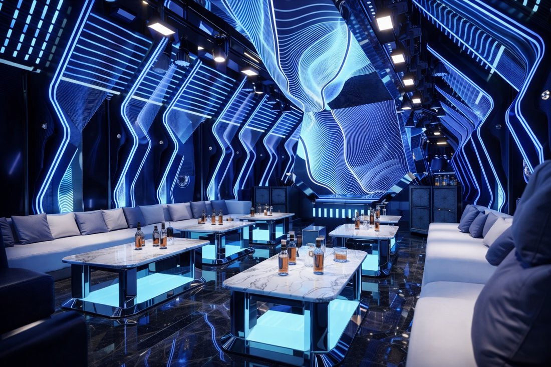 Không gian karaoke KTV cao cấp được thiết kế theo xu hướng tương lai với hệ LED chạy dọc tường và trần tạo hình độc đáo. Sofa bố trí khoa học giúp tối ưu công năng và trải nghiệm nhóm đông. Thi công phòng karaoke chuyên nghiệp đảm bảo cách âm – ánh sáng – thẩm mỹ đồng bộ, nâng tầm giá trị đầu tư. 