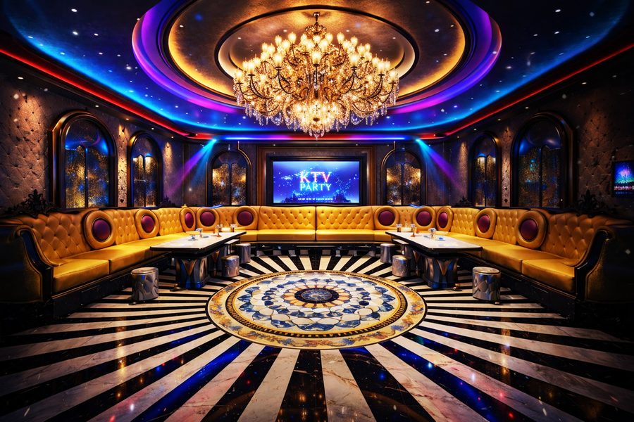 Thiết kế phòng karaoke KTV Luxury châu Âu với đèn chùm pha lê, sofa da cao cấp, trần vòng tròn và sàn họa tiết sang trọng. 