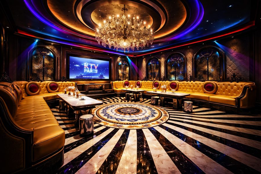 Phòng karaoke KTV Luxury với trần vòng tròn, đèn chùm pha lê, sofa da cao cấp và ánh sáng LED tạo không gian sang trọng đẳng cấp. 