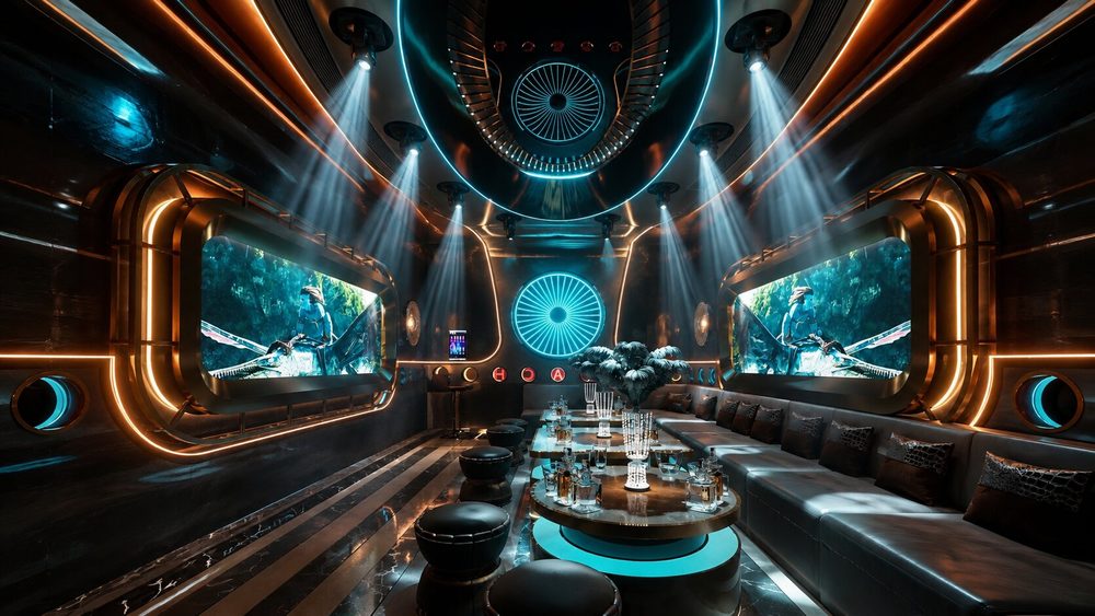 Thiết kế phòng Karaoke VIP Futuristic với nội thất Luxury, màn hình LED cỡ lớn, hệ thống âm thanh ánh sáng hiện đại và không gian giải trí đẳng cấp do KTV GROUP thiết kế thi công.