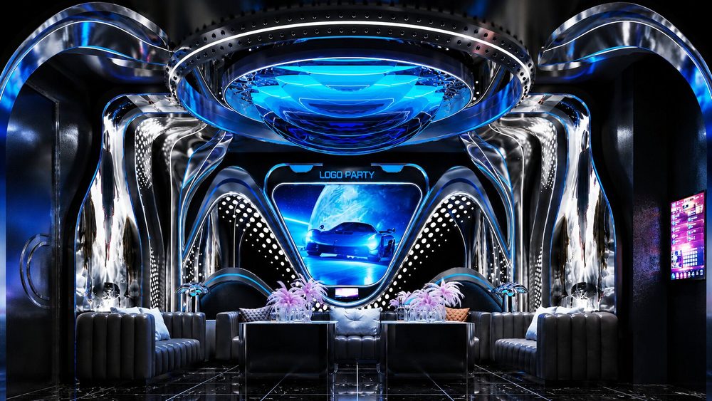 Thiết kế phòng Karaoke VIP Cyber Luxury với trần LED Galaxy 3D, màn hình LED 4K, nội thất sofa cao cấp, ánh sáng thông minh và không gian giải trí hiện đại do KTV GROUP thiết kế thi công.