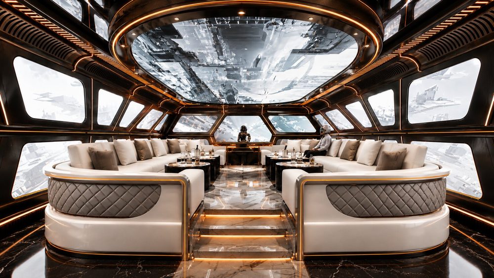 Thiết kế phòng Karaoke VIP Futuristic lấy cảm hứng từ khoang tàu vũ trụ, trần LED 3D nghệ thuật, nội thất Luxury cao cấp, hệ thống âm thanh ánh sáng thông minh và không gian giải trí đẳng cấp do KTV GROUP thiết kế thi công.