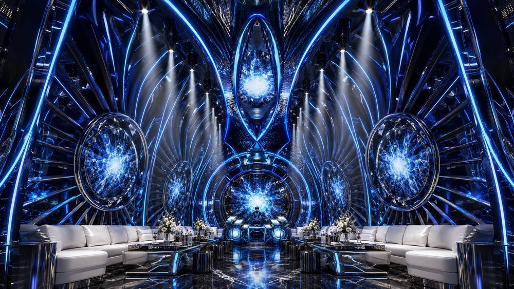 Thiết kế phòng Karaoke VIP Cyber Luxury với hiệu ứng LED Crystal 3D, màn hình LED nghệ thuật, nội thất Luxury cao cấp, hệ thống âm thanh ánh sáng hiện đại, phong cách Futuristic và không gian giải trí đẳng cấp do KTV GROUP thiết kế thi công.