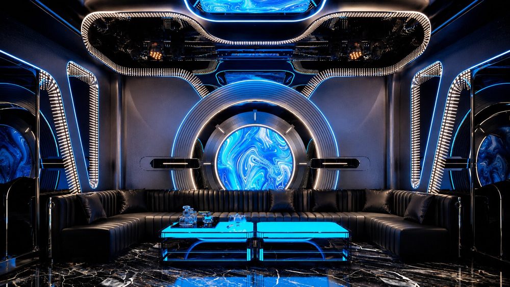 Thiết kế phòng Karaoke VIP Futuristic với nội thất Luxury màu đen, màn hình LED nghệ thuật, hệ thống ánh sáng thông minh, sofa cao cấp và không gian giải trí hiện đại do KTV GROUP thiết kế thi công.