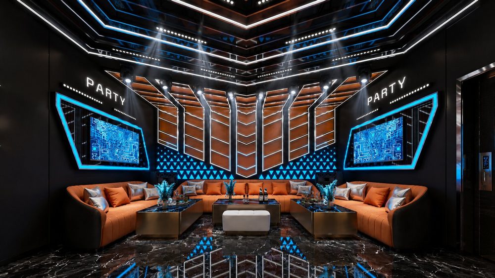 Thiết kế phòng Karaoke VIP phong cách Futuristic với nội thất Luxury, hệ thống LED nghệ thuật, sofa cao cấp, màn hình giải trí hiện đại và không gian Party sang trọng do KTV GROUP thiết kế thi công.