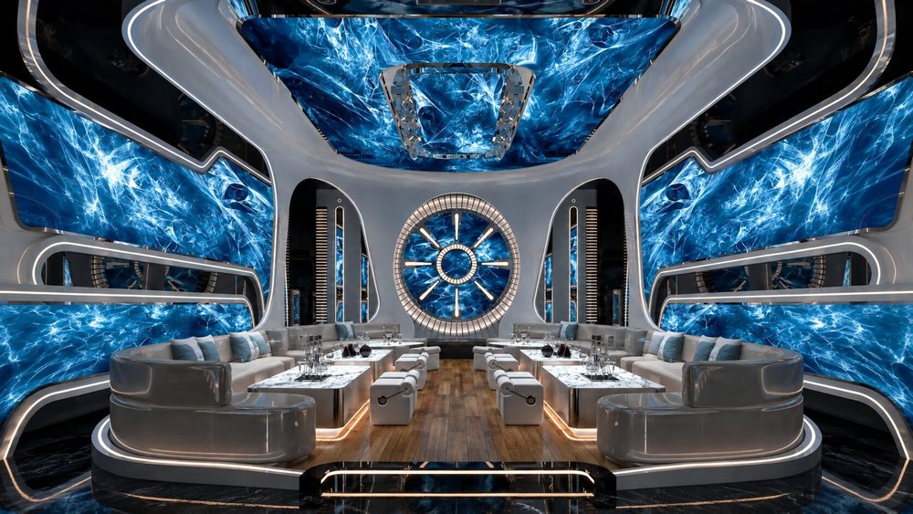 Thiết kế phòng Karaoke VIP Luxury với màn hình LED 360 độ, trần LED nghệ thuật, nội thất cao cấp, phong cách Futuristic và hệ thống âm thanh ánh sáng hiện đại do KTV GROUP thiết kế thi công.
