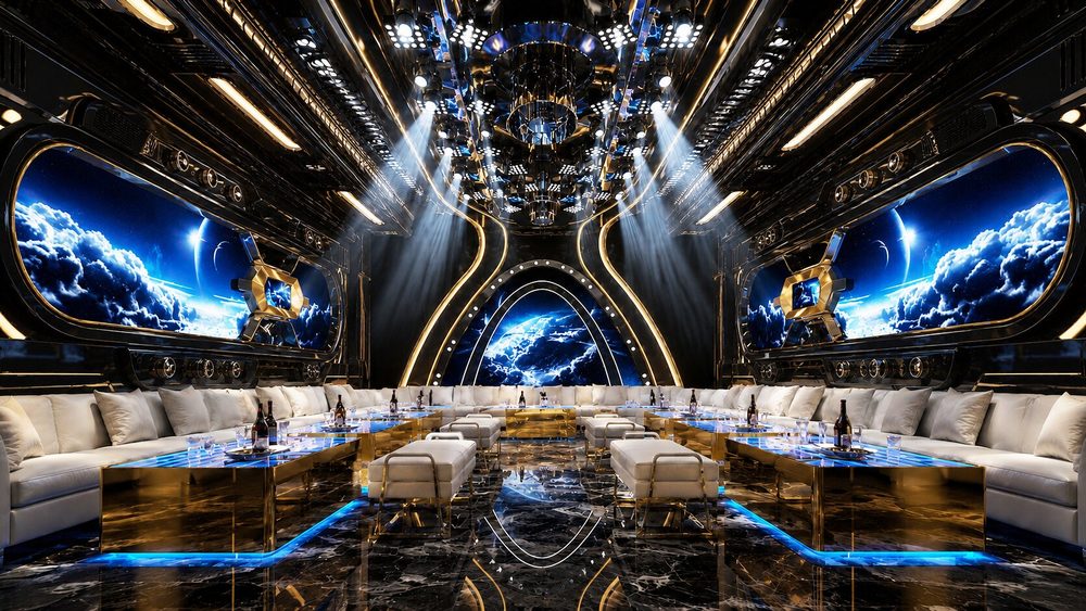 Thiết kế phòng Karaoke VIP Luxury phong cách Futuristic với màn hình LED Panorama, nội thất cao cấp, trần ánh sáng nghệ thuật, sofa sang trọng và hệ thống âm thanh ánh sáng hiện đại do KTV GROUP thiết kế thi công.