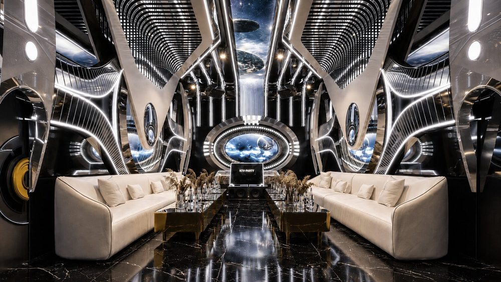 Thiết kế phòng Karaoke VIP Futuristic với nội thất Luxury, trần LED 3D, màn hình LED nghệ thuật, sofa cao cấp, hệ thống âm thanh ánh sáng hiện đại và không gian giải trí đẳng cấp do KTV GROUP thiết kế thi công.
