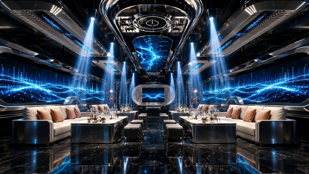 Thiết kế Karaoke Luxury 2026 kết hợp vật liệu inox gương, đá tự nhiên và hệ thống LED hiện đại. Mẫu phòng Karaoke Galaxy Space với concept vũ trụ độc đáo và nội thất sang trọng.