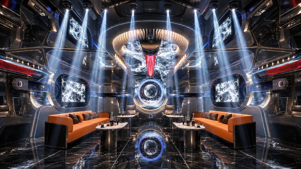 Thiết kế phòng Karaoke VIP hiện đại sử dụng hiệu ứng ánh sáng RGB và màn hình LED cỡ lớn. Xu hướng thiết kế Karaoke Super VIP 2026 nổi bật với kiến trúc Futuristic Luxury cao cấp.