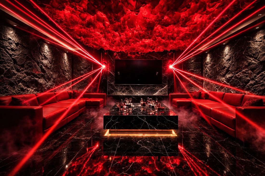 Thi công phòng karaoke KTV ánh sáng beam  Nội thất karaoke KTV luxury sofa đỏ hiện đại