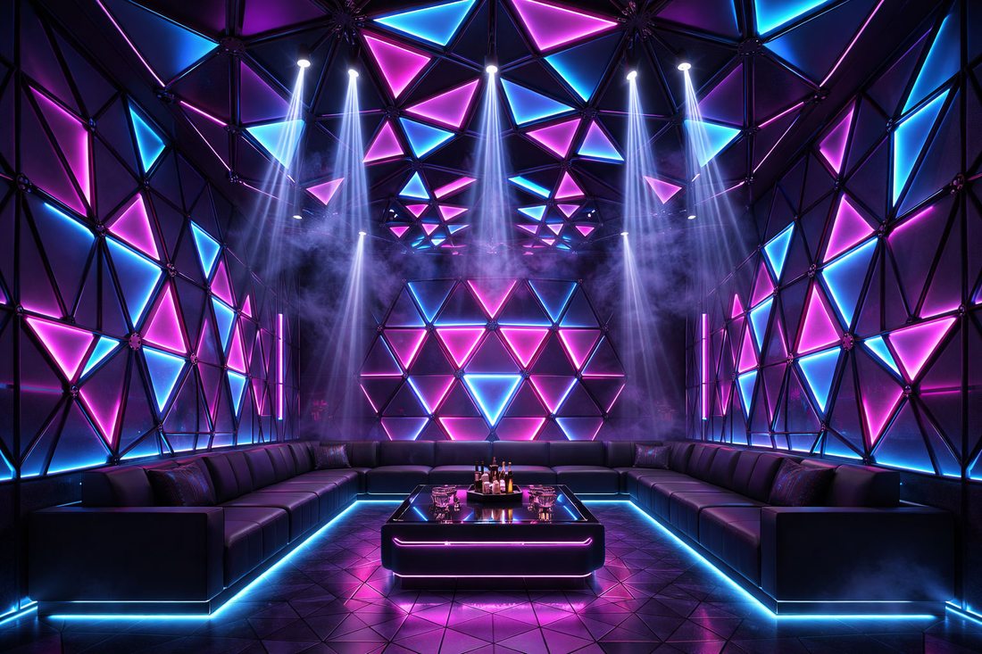 Phòng karaoke KTV LED hình học hiện đại mang phong cách thiết kế ấn tượng với các module tam giác phát sáng phủ toàn bộ không gian. Hệ đèn LED đổi màu kết hợp ánh sáng sân khấu giúp căn phòng trở nên nổi bật và giàu năng lượng. 