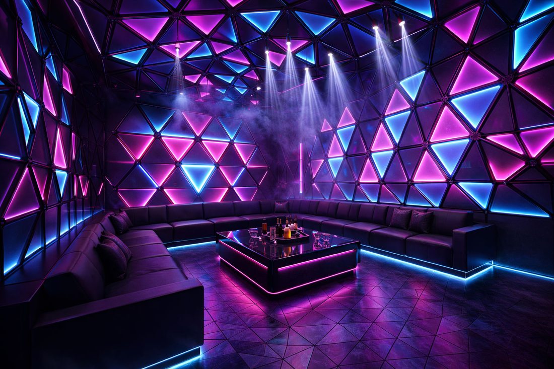 Thiết kế karaoke KTV phong cách futuristic trong hình sử dụng hệ tường và trần LED tam giác độc đáo nhằm tạo điểm nhấn không gian mạnh mẽ. 