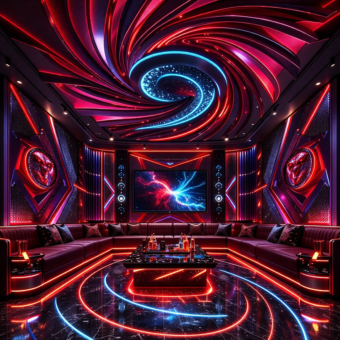 Thiết kế phòng karaoke KTV phong cách futuristic với trần xoáy vortex LED, nội thất sofa cao cấp, ánh sáng DMX đồng bộ tạo trải nghiệm giải trí đẳng cấp 
