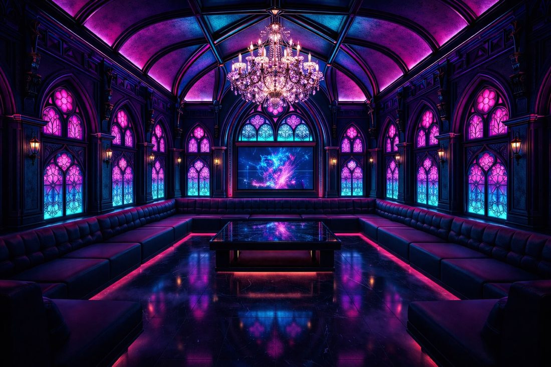 Thiết kế phòng karaoke KTV phong cách Gothic châu Âu với trần vòm, đèn chùm pha lê và ánh sáng LED neon sang trọng. 