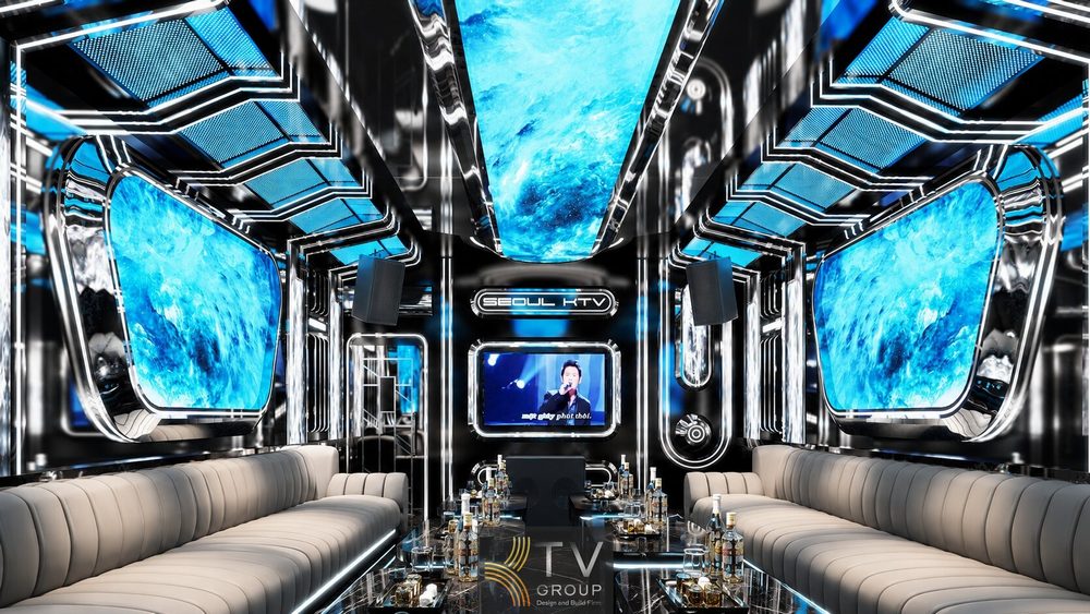 Thiết kế phòng karaoke Futuristic Galaxy Luxury với trần LED vũ trụ hiện đại.