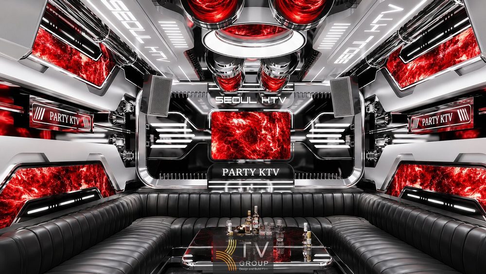 Thiết kế phòng Karaoke VIP 5 tại Tây Ninh phong cách Futuristic Industrial với nội thất sofa đen và hệ thống LED đỏ hiện đại.