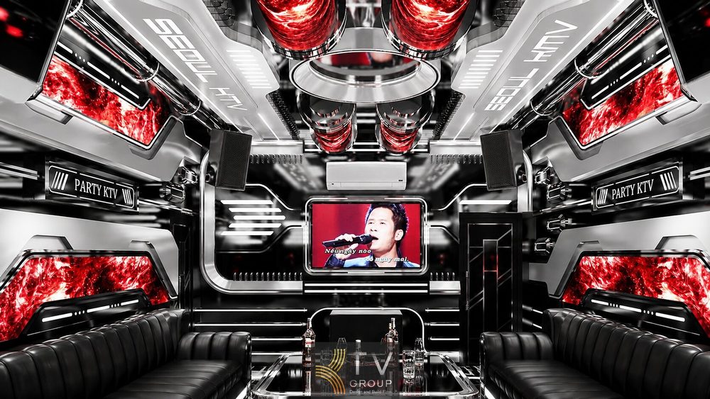 Không gian phòng Karaoke VIP 5 tại Tây Ninh sử dụng màn hình LED trung tâm, trần ánh sáng 3D và vật liệu inox cao cấp.