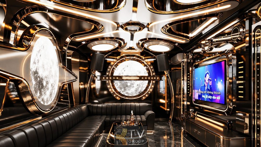 Thiết kế phòng Karaoke VIP 6 tại Tây Ninh phong cách Futuristic Luxury với hiệu ứng mặt trăng 3D và nội thất cao cấp.