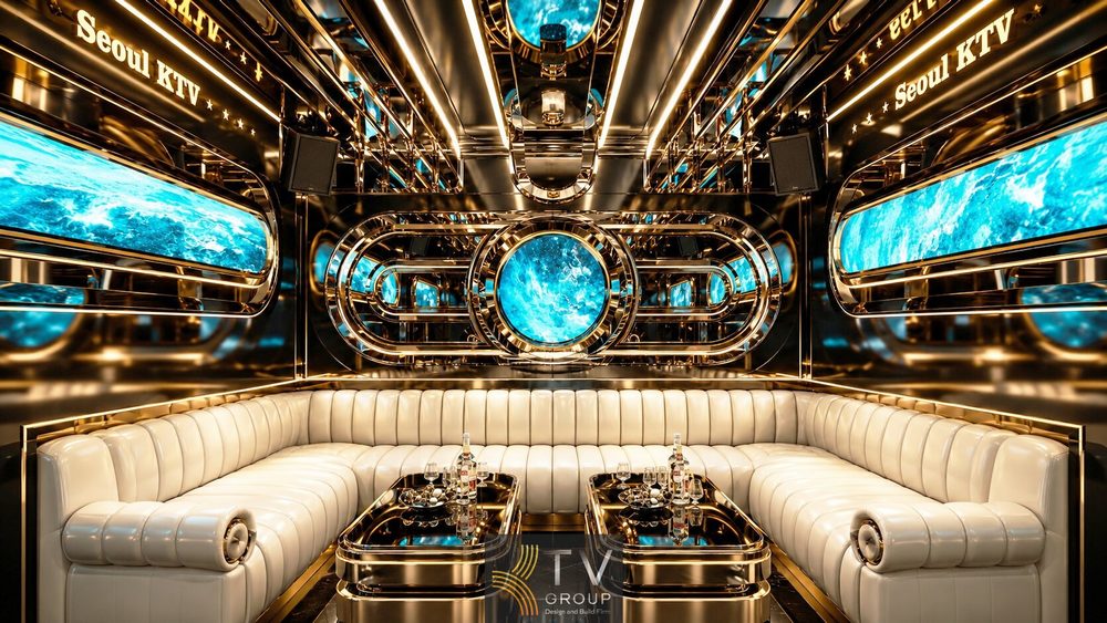 Thiết kế phòng Karaoke VIP 7 tại Tây Ninh phong cách Futuristic Luxury với nội thất sofa trắng và hệ thống LED xanh hiện đại. Không gian phòng Karaoke VIP 7 tại Tây Ninh nổi bật với màn hình LED nghệ thuật, inox mạ PVD và hệ thống ánh sáng cao cấp.