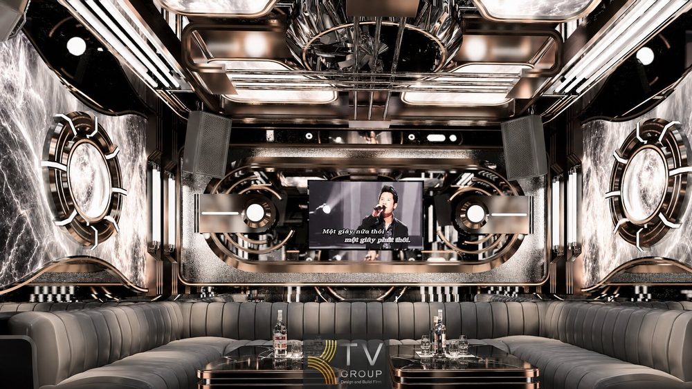 Thiết kế phòng karaoke Luxury Modern với inox gương và vách đá xuyên sáng. Mẫu phòng karaoke VIP cao cấp sử dụng trần LED và nội thất hiện đại.