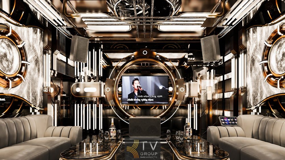 Thi công phòng karaoke sang trọng với sofa da và hệ âm thanh chuyên nghiệp. Nội thất phòng karaoke phong cách Futuristic Luxury cho mô hình kinh doanh VIP.