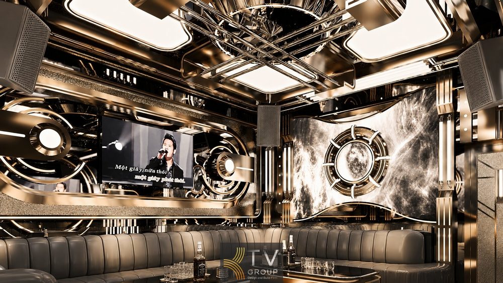 Phòng karaoke hiện đại kết hợp inox PVD, đèn LED và vách đá marble cao cấp.