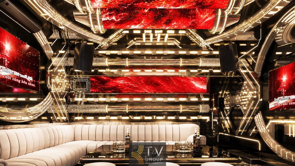 Thiết kế phòng Karaoke VIP 2 tại Tây Ninh phong cách Futuristic Luxury với nội thất sofa trắng và hệ thống LED cao cấp.