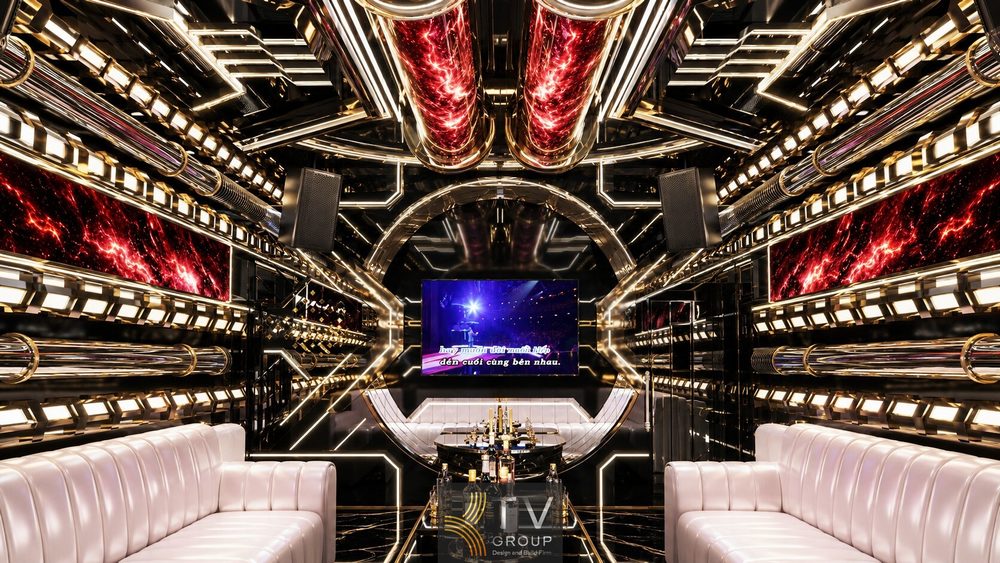 Không gian phòng Karaoke VIP 2 tại Tây Ninh sử dụng inox mạ PVD kết hợp màn hình LED hiện đại và ánh sáng nghệ thuật.