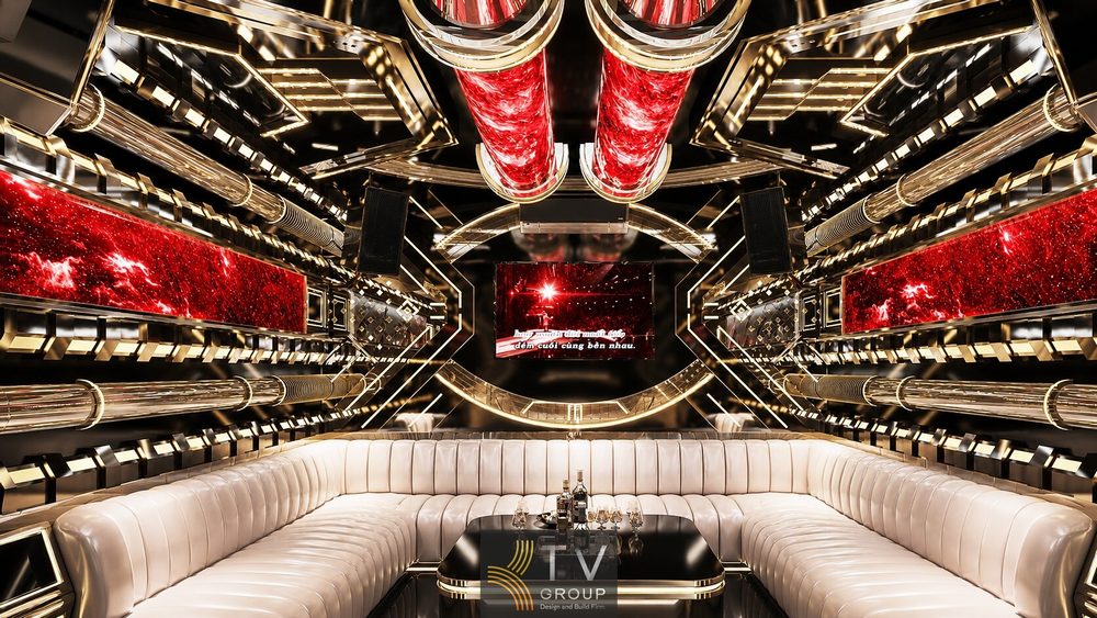 Nội thất phòng Karaoke VIP 2 Tây Ninh thiết kế sang trọng với trần hiệu ứng ánh sáng đỏ và ghế sofa bọc da cao cấp.