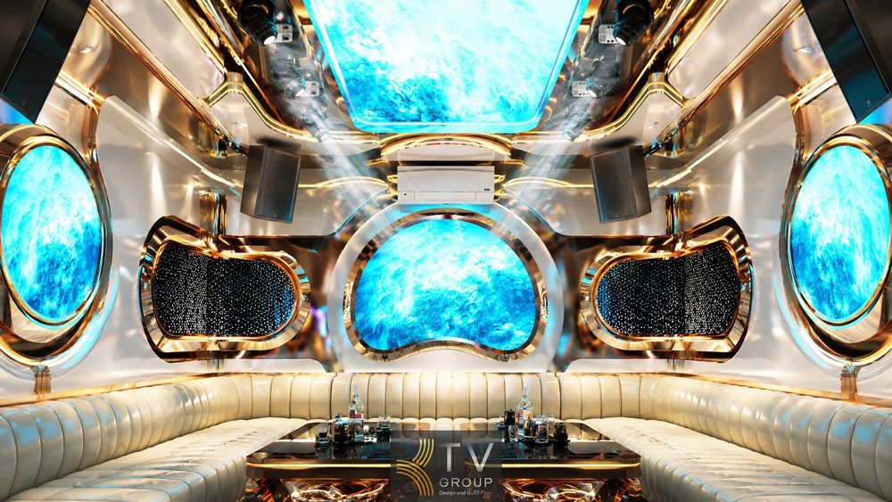 Thiết kế phòng Karaoke VIP 4 tại Tây Ninh với phong cách Futuristic Luxury, trần LED 3D và nội thất sofa cao cấp.