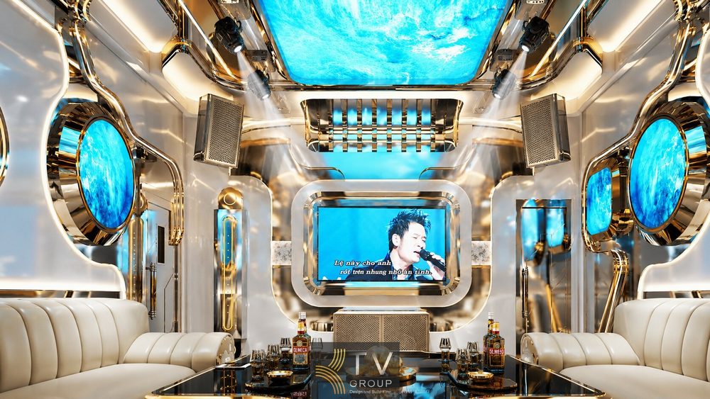 Không gian phòng Karaoke VIP 4 tại Tây Ninh sử dụng inox mạ PVD, màn hình LED hiện đại và hệ thống ánh sáng chuyên nghiệp.