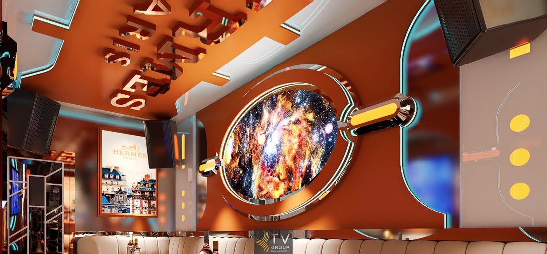 Mẫu thiết kế thi công phòng karaoke VIP phong cách Luxury lấy cảm hứng Hermès Paris nổi bật với gam cam thời trang, ánh sáng LED hiện đại, bố cục khoa học, mang đến trải nghiệm giải trí cao cấp và giá trị khai thác bền vững cho mô hình KTV tại TP.HCM.