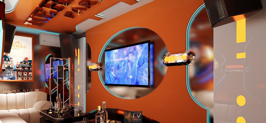Thiết kế phòng karaoke VIP phong cách Hermès Paris gây ấn tượng bởi bố cục hiện đại, sofa sang trọng, ánh sáng lập trình theo nhạc, phù hợp triển khai cho mô hình KTV cao cấp tại TP.HCM và các khu vực kinh doanh giải trí sôi động.