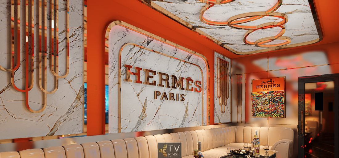 Mẫu phòng karaoke VIP phong cách Hermès Paris gây ấn tượng với tone cam thời trang, vật liệu cao cấp và bố cục khoa học, được KTV GROUP thiết kế thi công hướng đến trải nghiệm khách VIP và tối ưu doanh thu. 