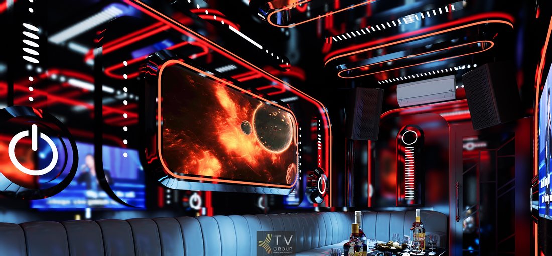 Thiết kế phòng Karaoke VIP Concept Night Club TP.HCM với LED đỏ đen, trần line ánh sáng, màn hình lớn, không gian club sang trọng hiện đại cao cấp VIP.