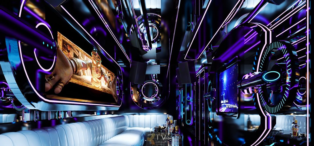 Mẫu thiết kế phòng karaoke VIP phong cách tương lai Full LED tại TP.HCM, không gian giải trí công nghệ cao, ánh sáng ấn tượng, phù hợp kinh doanh KTV cao cấp.