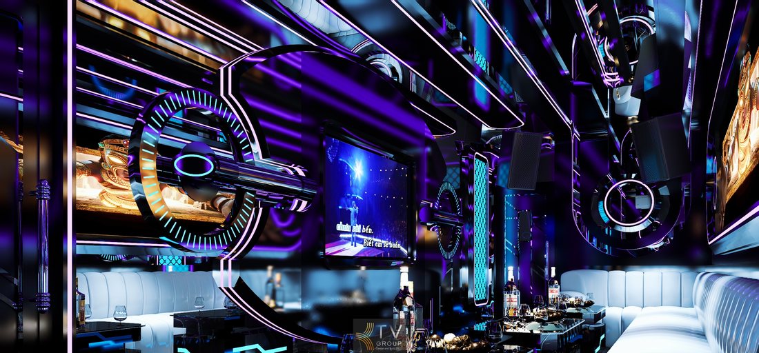 Không gian phòng karaoke VIP hiện đại với hệ LED đa chiều, âm thanh ánh sáng đồng bộ, giải pháp thiết kế tối ưu cho mô hình KTV cao cấp.