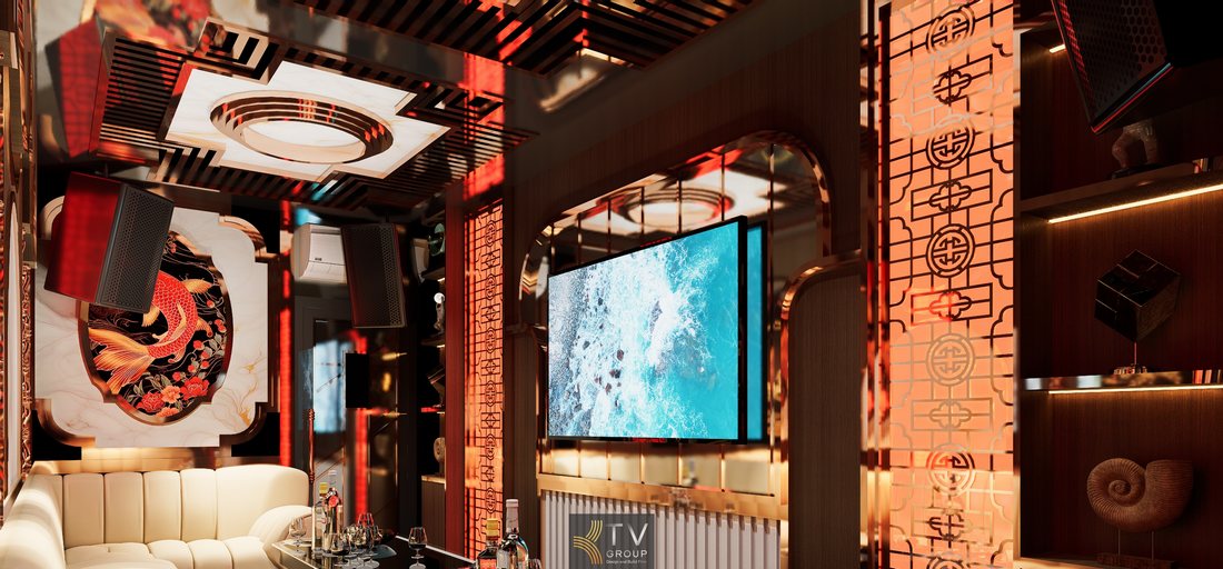 Mẫu thiết kế thi công phòng karaoke VIP phong cách Tân Cổ Điển Á Đông tại TP.HCM nổi bật với ánh sáng nghệ thuật, vật liệu cao cấp, bố trí chuẩn kinh doanh, dễ set up vận hành và thu hút khách phân khúc VIP 
