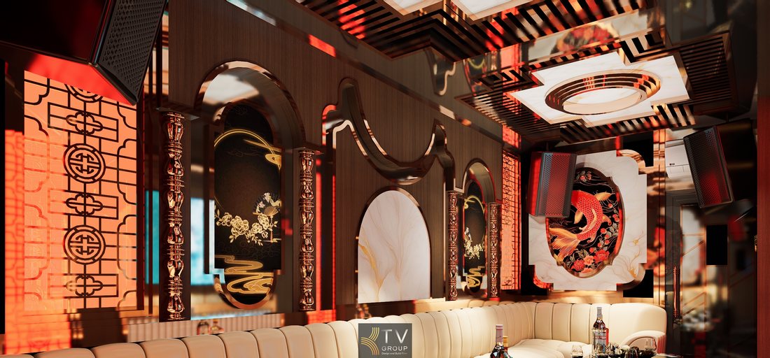 Thiết kế phòng karaoke VIP Tân Cổ Điển Á Đông mang vẻ đẹp sang trọng, hoài cổ kết hợp công nghệ hiện đại, tối ưu âm thanh – ánh sáng – công năng, phù hợp mô hình KTV cao cấp tại TP.HCM. 