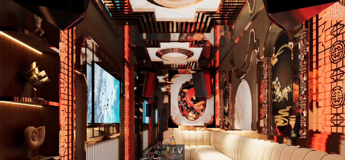 Mẫu phòng karaoke VIP Tân Cổ Điển Á Đông tại TP.HCM gây ấn tượng với họa tiết truyền thống, ánh sáng led cao cấp, hệ âm thanh mạnh mẽ, phù hợp set up vận hành KTV sang trọng. 