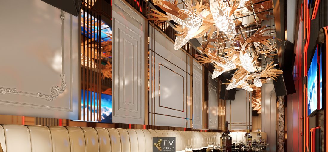 Phòng karaoke VIP Neo Luxury Tân Cổ Điển được thiết kế thi công trọn gói với tone màu thanh lịch, trần trang trí nghệ thuật và hệ thống ánh sáng cảm xúc, giúp mô hình karaoke cao cấp tại TP.HCM dễ vận hành, dễ hút khách và tăng doanh thu. 