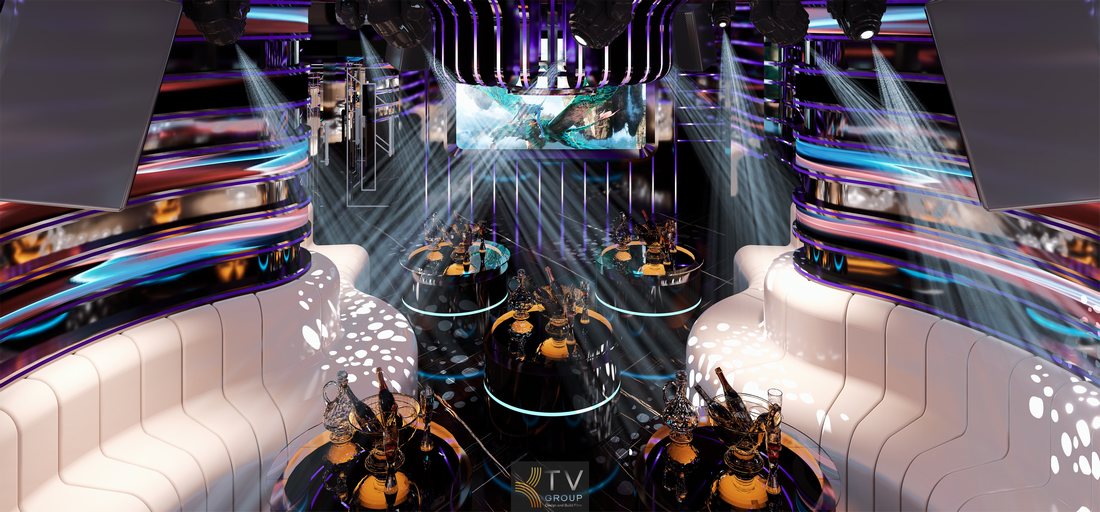 Thiết kế thi công phòng karaoke VIP Concept Future Wave LED, không gian ánh sáng nghệ thuật, sofa cong hiện đại, bố cục sang trọng, phù hợp mô hình KTV cao cấp hút khách. 