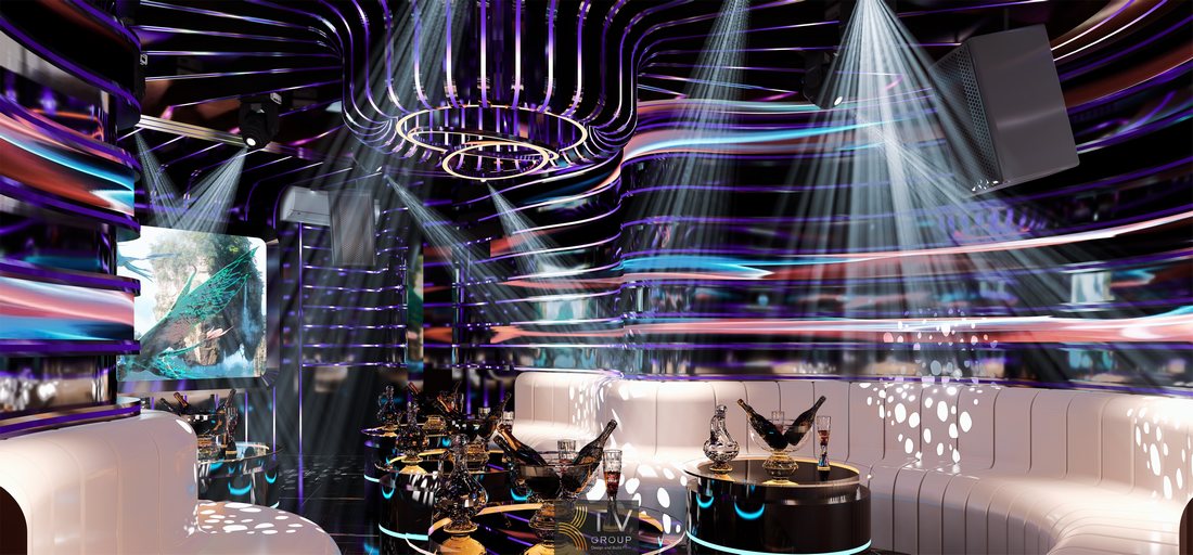 Mẫu phòng karaoke VIP Concept Future Wave LED với sofa cong nghệ thuật, ánh sáng chuyển động đa lớp, không gian giải trí cao cấp, tạo trải nghiệm thị giác mạnh mẽ cho khách hàng. 