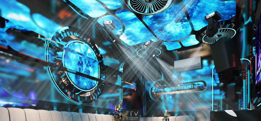 Mẫu thiết kế phòng karaoke VIP phong cách Cyber Ocean Galaxy LED 5D cao cấp, trần LED đại dương, ánh sáng công nghệ, không gian KTV hiện đại. 