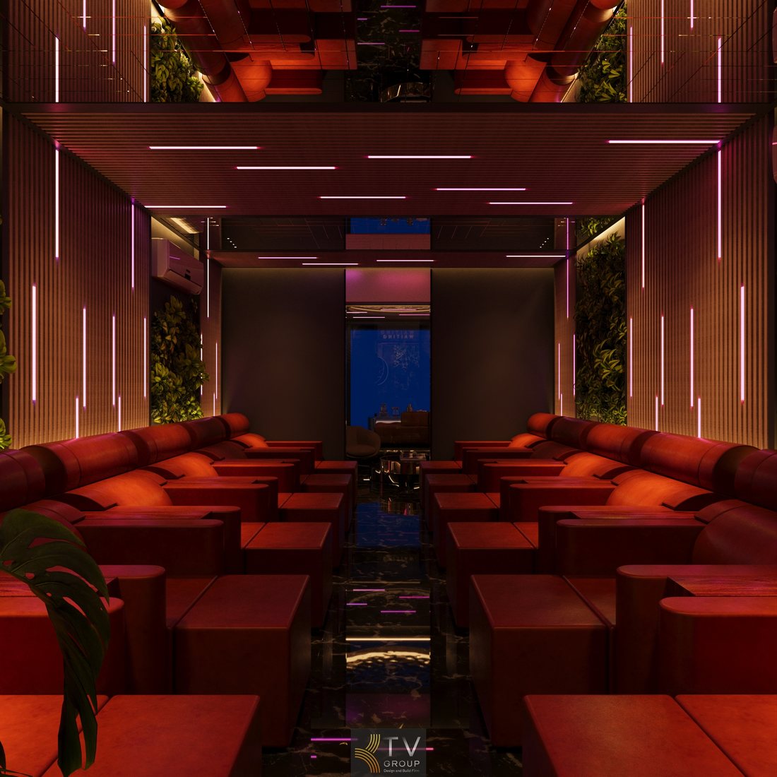 Thiết kế khu lounge chờ thư giãn tầng 1 massage cao cấp, sofa đối xứng, ánh sáng ấm, không gian sang trọng, hiện đại, tối ưu trải nghiệm khách hàng.